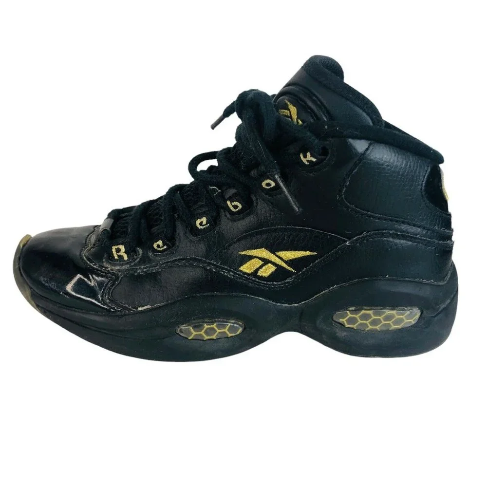 Reebok Question Mid New Years Eve Iverson Sneaker Boy Youth 4 Black‎ Gold  Shoes